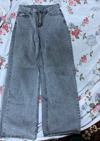 Gri Düğmeli Bol Kesim Midi Kot Pantolon