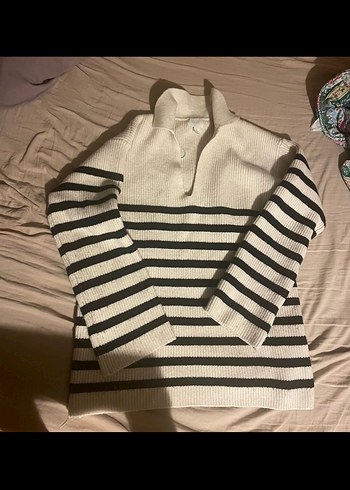 H&M Krem Cizgili Kadın Triko Kazak - Görsel 2