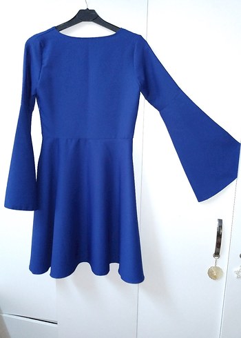 Mavi V Yaka Midi Salaş Elbise - Görsel 5