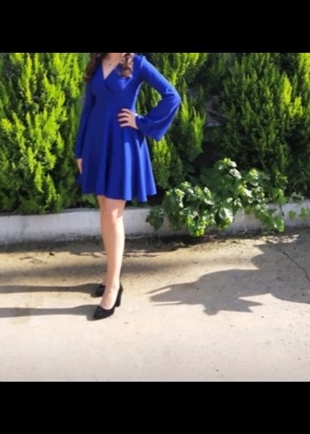 Mavi V Yaka Midi Salaş Elbise - Görsel 7