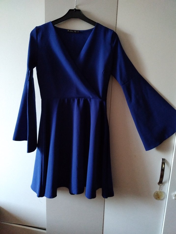 Mavi V Yaka Midi Salaş Elbise - Görsel 2