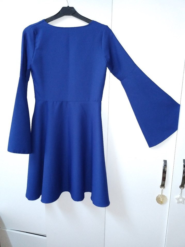 Mavi V Yaka Midi Salaş Elbise - Görsel 5