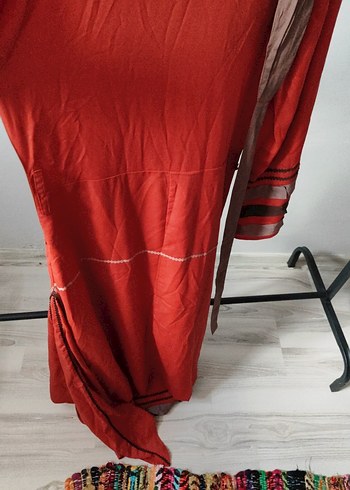 Uzun Kollu Kırmızı Nakışlı abiye bohem Elbise - Görsel 8