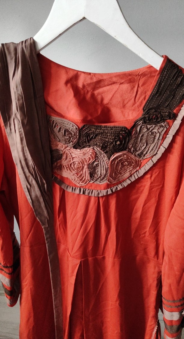 Uzun Kollu Kırmızı Nakışlı abiye bohem Elbise - Görsel 2