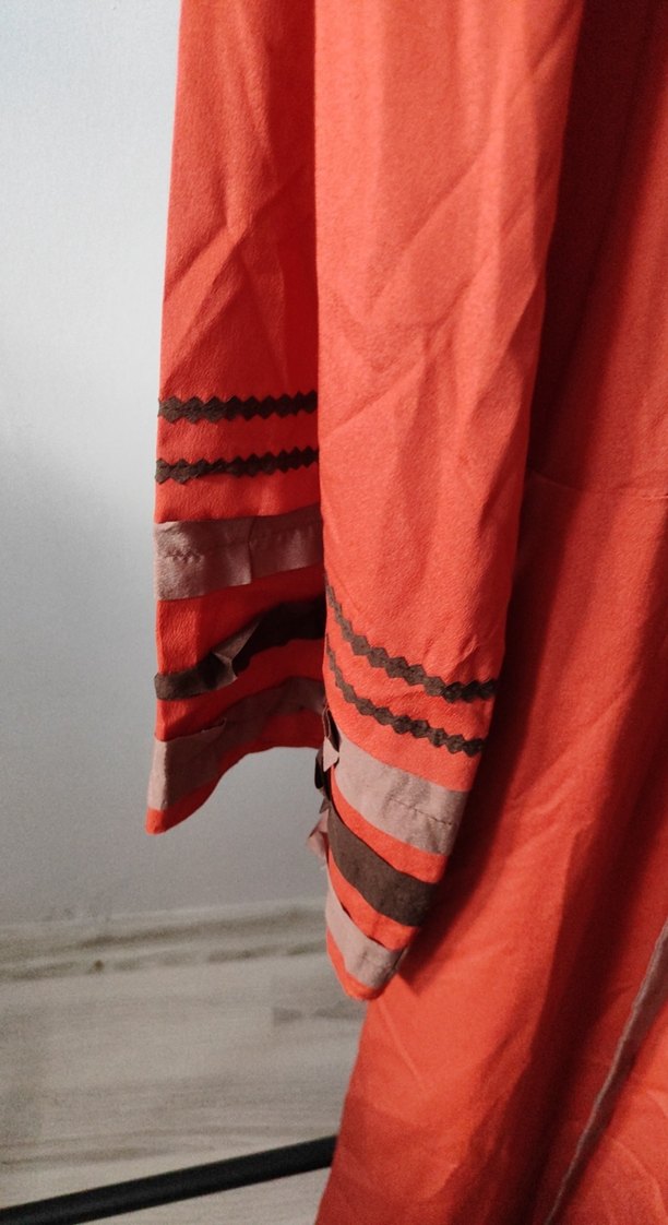 Uzun Kollu Kırmızı Nakışlı abiye bohem Elbise - Görsel 4