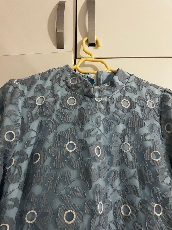 Uzun Kollu Tül Detaylı Tesettür Mavi Abiye - Görsel 2