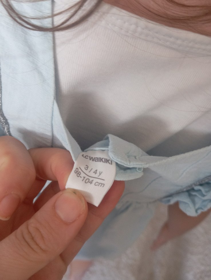 Kız Çocuk Mavi Keten V Yaka Fırfırlı Elbise - Görsel 3