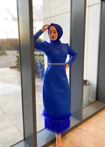 Uzun Kollu Mavi Drapeli Abiye Elbise - Görsel 2