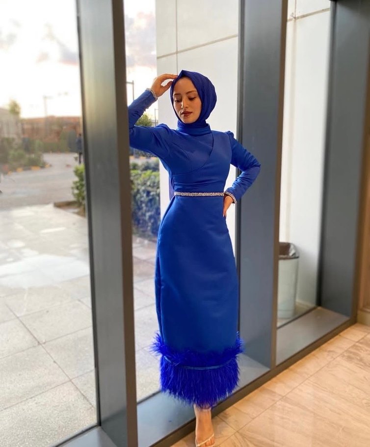 Uzun Kollu Mavi Drapeli Abiye Elbise - Görsel 2