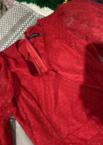 Kırmızı Uzun Kollu Bohem Midi Elbise - Görsel 2