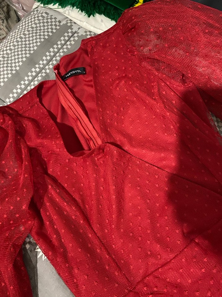 Kırmızı Uzun Kollu Bohem Midi Elbise - Görsel 2