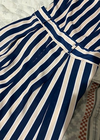 Mavi Çizgili Midi Kadın Tulum - Görsel 2