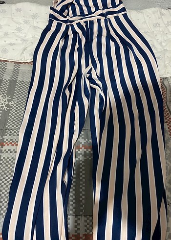Mavi Çizgili Midi Kadın Tulum - Görsel 7
