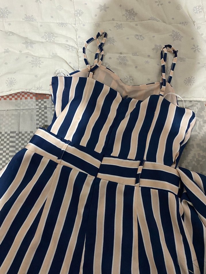 Mavi Çizgili Midi Kadın Tulum - Görsel 4