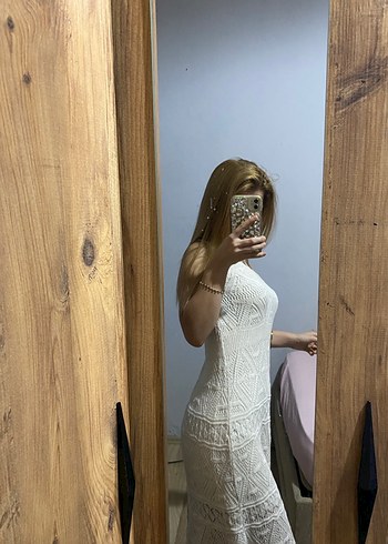 Beyaz Straplez İnce Askılı Midi Triko Elbise - Görsel 4