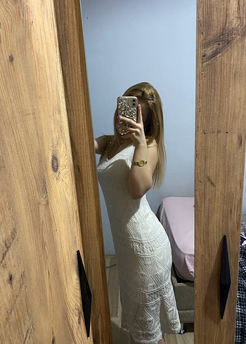 Beyaz Straplez İnce Askılı Midi Triko Elbise - Görsel 2