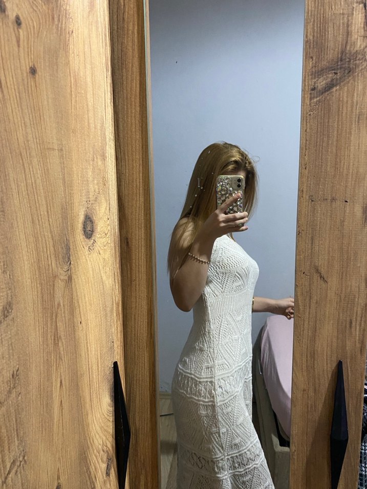 Beyaz Straplez İnce Askılı Midi Triko Elbise - Görsel 4