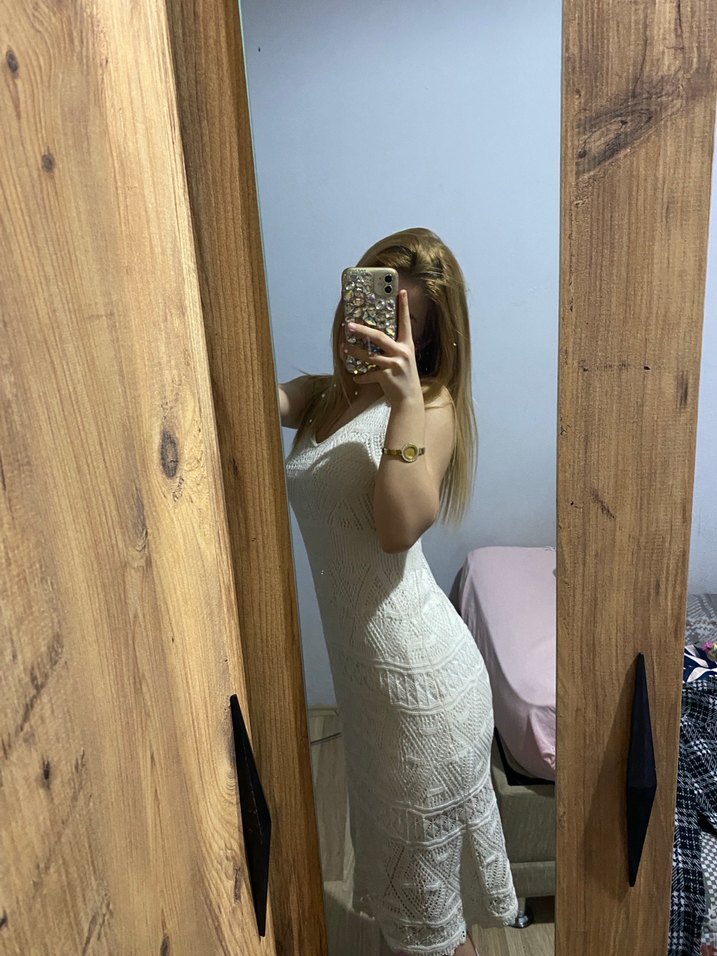 Beyaz Straplez İnce Askılı Midi Triko Elbise - Görsel 2