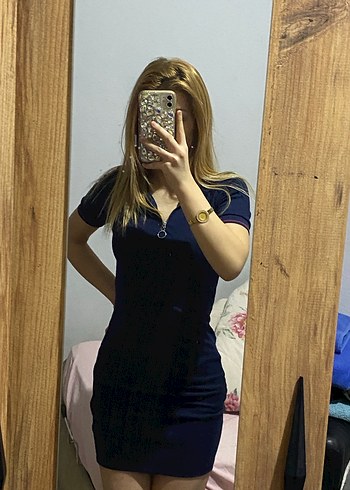 V Yaka Koyu Mavi Denim Mini Elbise - Görsel 4