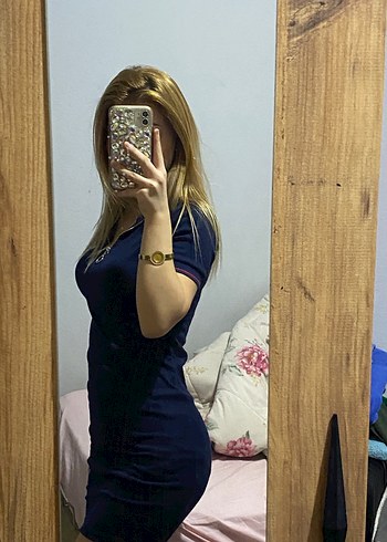 V Yaka Koyu Mavi Denim Mini Elbise - Görsel 3