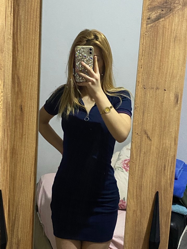 V Yaka Koyu Mavi Denim Mini Elbise - Görsel 4