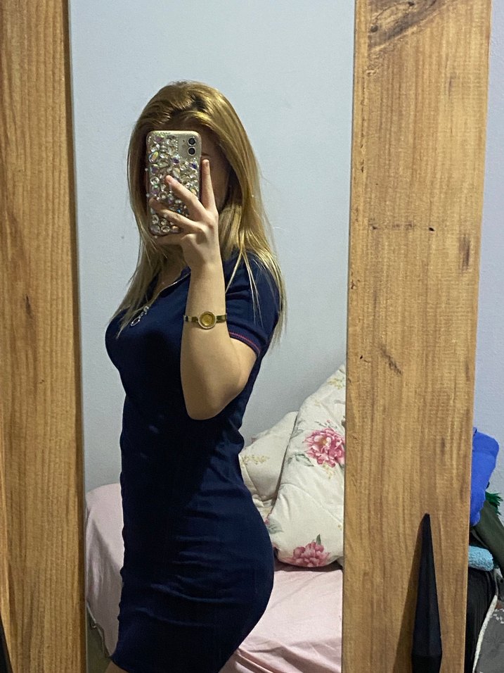 V Yaka Koyu Mavi Denim Mini Elbise - Görsel 3