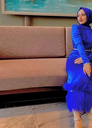 Uzun Kollu, Yüksek Yakalı Mavi Drapeli Elbise - Görsel 2