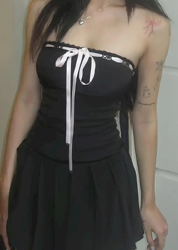 Siyah Straplez Pilili Mini Elbise - Görsel 2