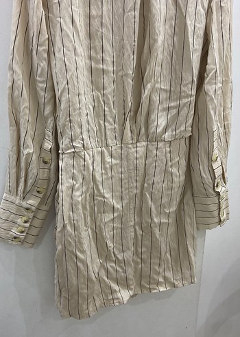 Bej Çizgili Uzun Kollu Keten Kadın elbise - Görsel 6