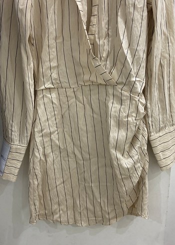 Bej Çizgili Uzun Kollu Keten Kadın elbise - Görsel 2