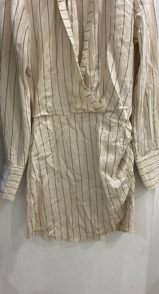 Bej Çizgili Uzun Kollu Keten Kadın elbise - Görsel 2