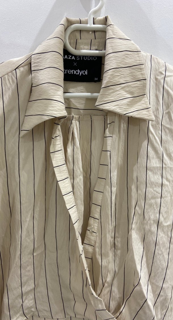 Bej Çizgili Uzun Kollu Keten Kadın elbise - Görsel 4