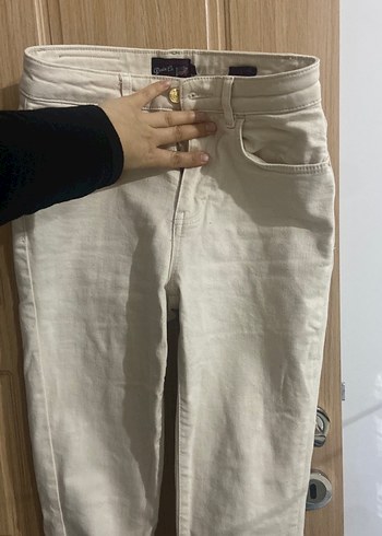 Bej Düğmeli Kadın Keten Pantolon - Görsel 2