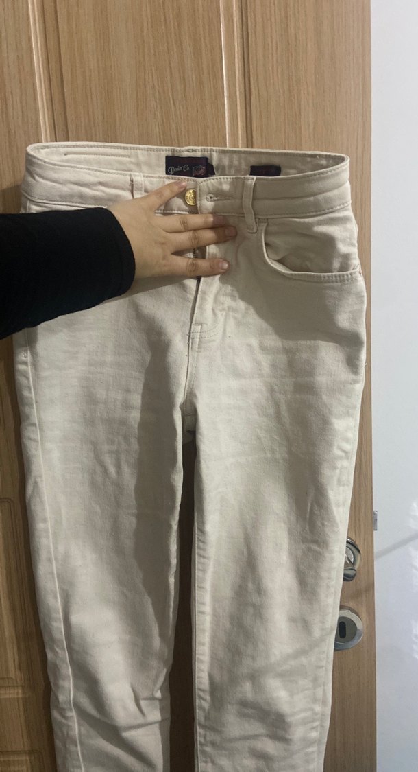 Bej Düğmeli Kadın Keten Pantolon - Görsel 2