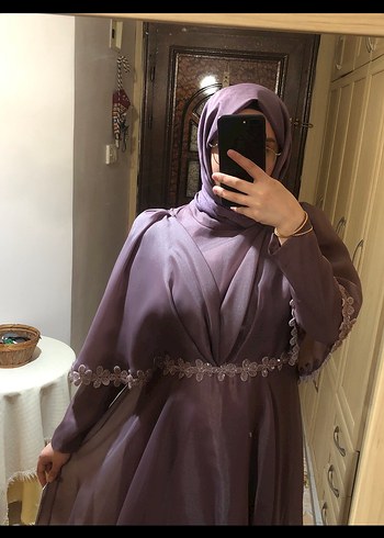 44 Beden Çiçek Desenli Lila Tesettür abiye