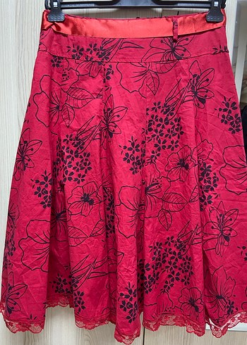 Kemerli Kırmızı Midi Bohem Etek - Görsel 2