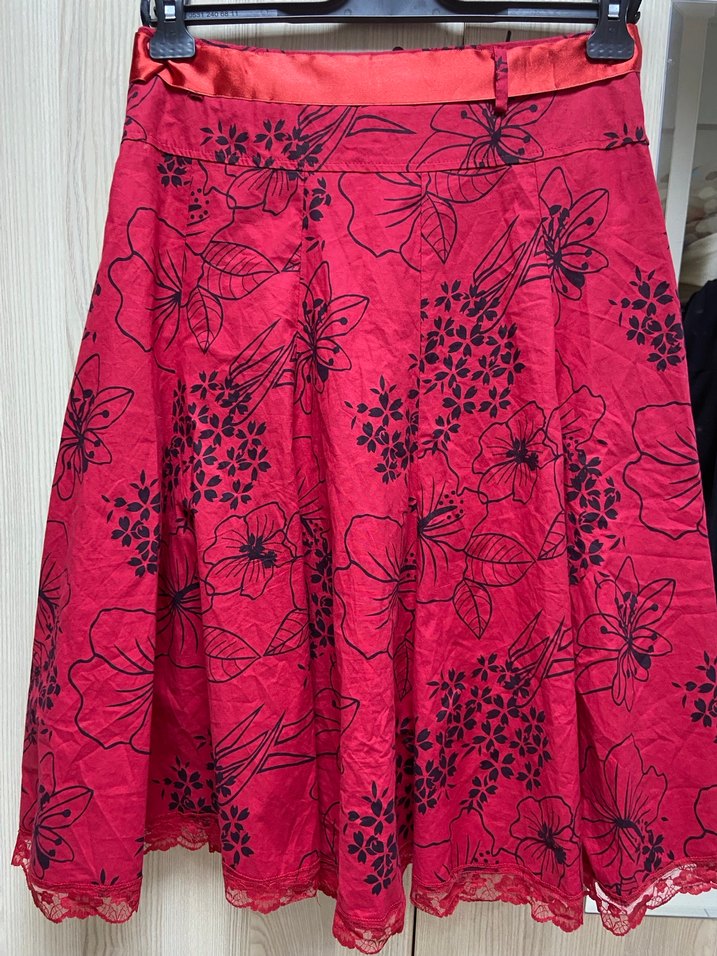 Kemerli Kırmızı Midi Bohem Etek - Görsel 2