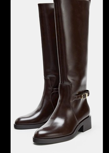 Zara yeni etiketli Kahverengi Deri Tokalı binici Çizme - Görsel 3