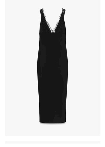 Zara Dantelli Siyah Uzun V Yaka Elbise - Görsel 3