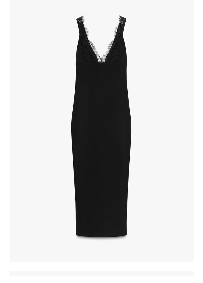 Zara Dantelli Siyah Uzun V Yaka Elbise - Görsel 3