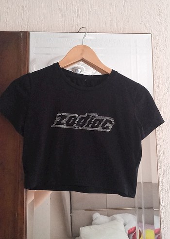 Kadın Siyah Baskılı Kısa Kollu Crop Top