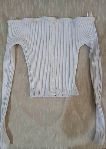 Beyaz Düğmeli Uzun Kollu Triko Bluz Crop omuzları açık mavi