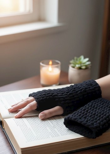 Siyah Örgü Parmaksız Kadın Eldiveni Puffy - Görsel 3