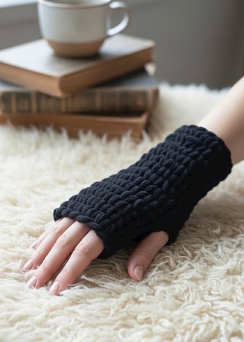 Siyah Örgü Parmaksız Kadın Eldiveni Puffy - Görsel 2