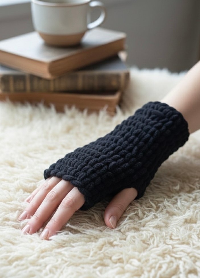 Siyah Örgü Parmaksız Kadın Eldiveni Puffy - Görsel 2