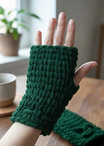 Kadın El Örgüsü Parmaksız Eldiven Puffy - Görsel 3