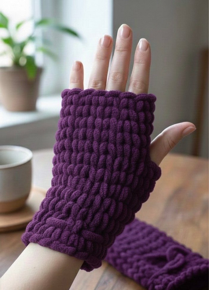 Kadın El Örgüsü Parmaksız Eldiven Puffy - Görsel 2