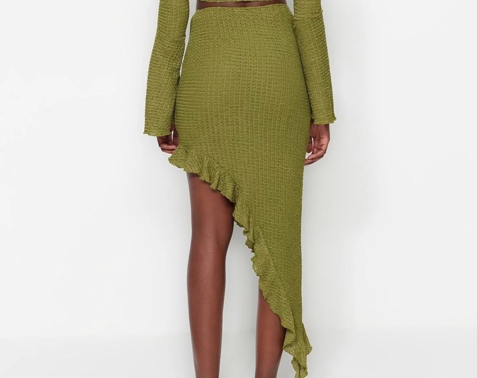 Kadın Haki Asimetrik Dokuma Etek - Görsel 3