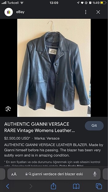l Beden siyah Renk Gianni Versace Vintage Deri Blazer Ceket