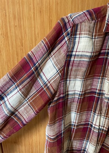 Bordo Ekoseli Keten Gömlek - Görsel 3